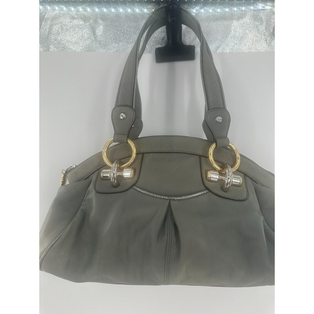 B. Makowsky Gray Leather Shoulder Bag Satchel Ruched Slouchy Gold/Silver Rings